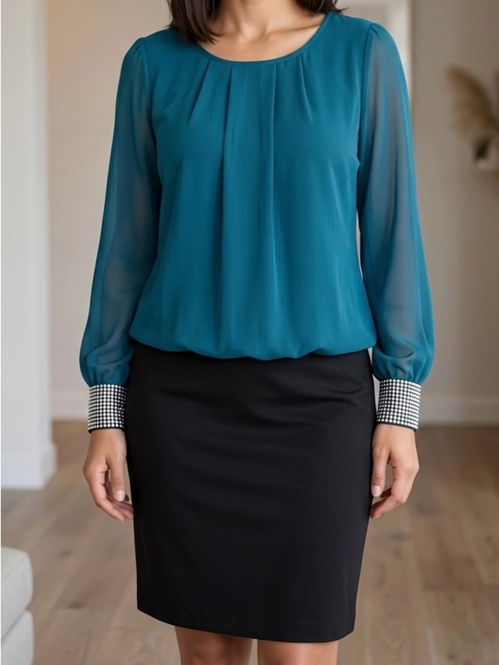 IN Studio Teal Rhinestone Cuff Split Sleeve Blouson Dress - Size 6 NWOT